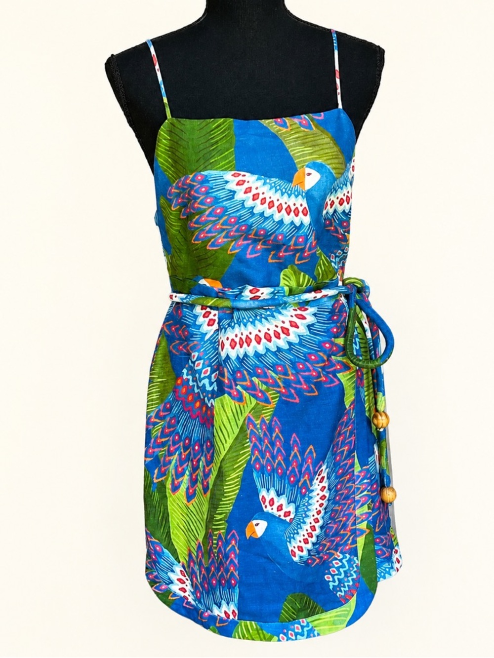 FARM Rio Blue Tropical Bird Linen Wrap Mini Dress Small